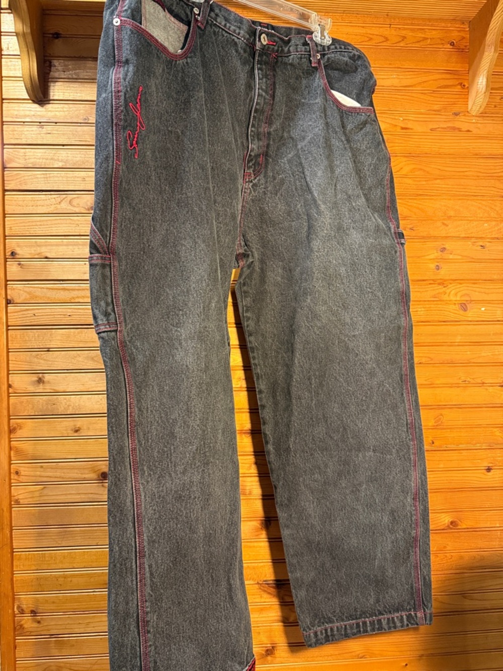 Men's Black Denim Jeans with Red Accent Stitching